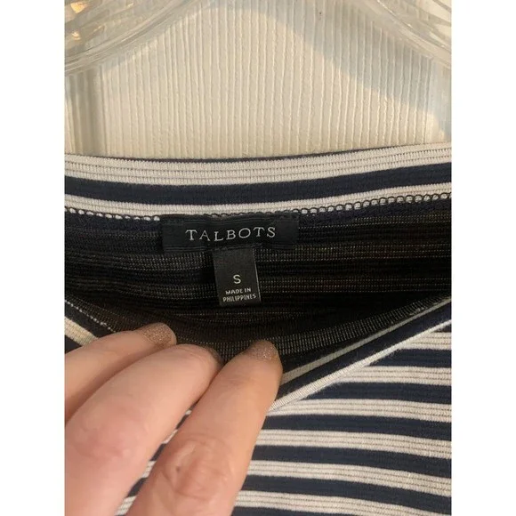 TALBOTS Stretch Cotton Womens Small Striped Boat Neck 3/4 Sleeve Black White - Picture 6 of 12